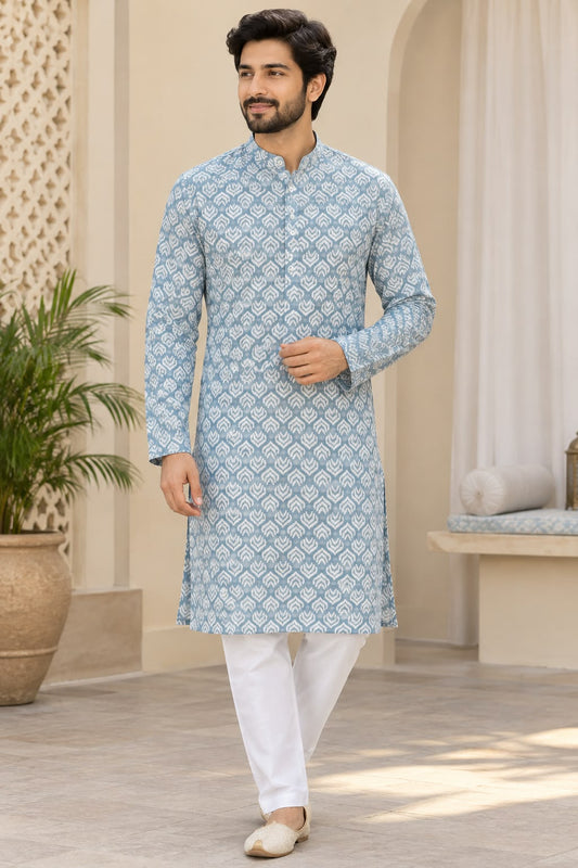 Men's Traditional Light Blue Ikat-Geometric Printed Regular Fit Straight Kurta with Pent front drape view - Neha Couture Berlin