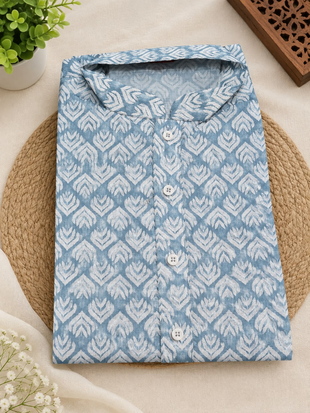 Men's Traditional Light Blue Ikat/Geometric Printed Regular Fit Straight Kurta with Pent in Berlin