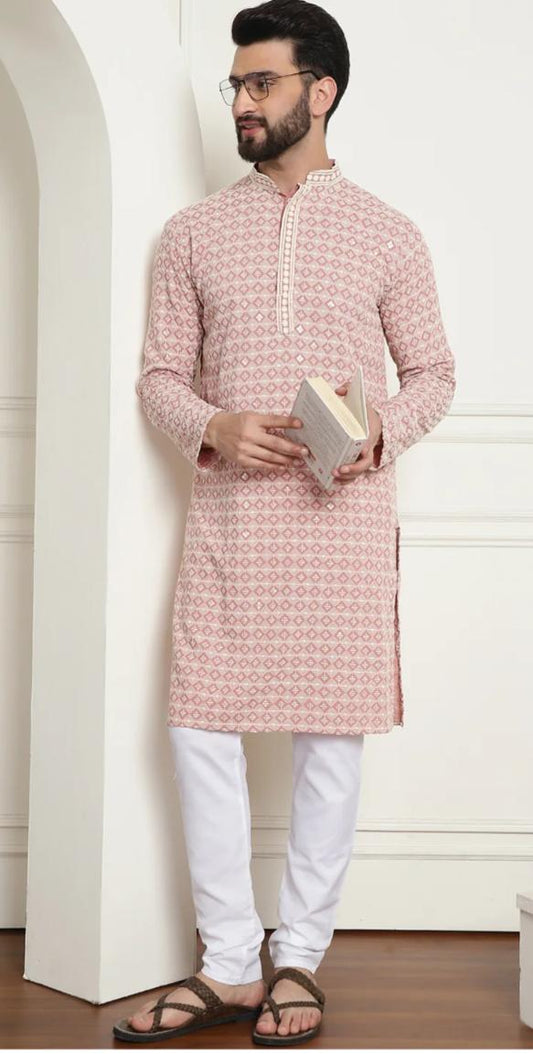 Men's Cotton Gold Embroidered Sequinned Peach Kurta With white churidar Pyjama front drape view - Neha Couture Berlin