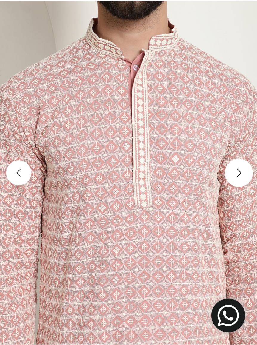 Men's Cotton Gold Embroidered Sequinned Peach Kurta With white churidar Pyjama in Germany
