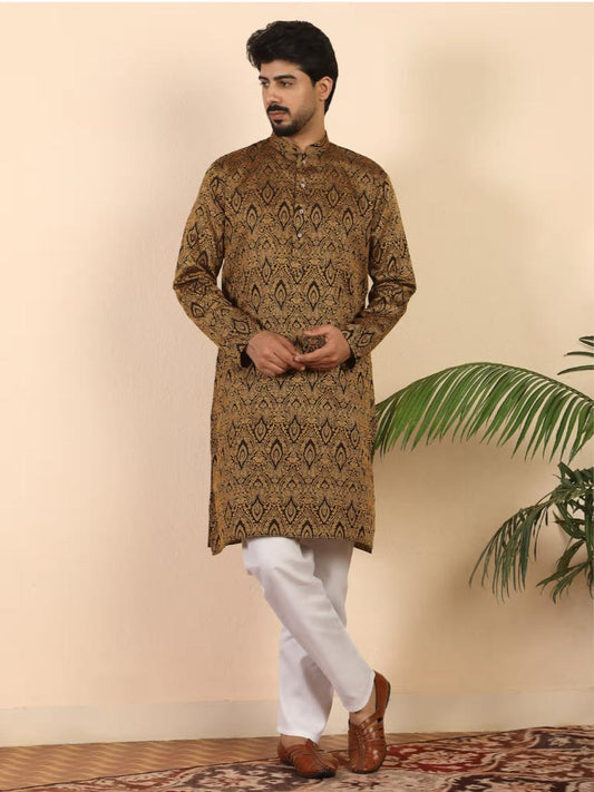 Ethnic Motifs Jacquard Rust Kurta with Pyjama front drape view - Neha Couture Berlin