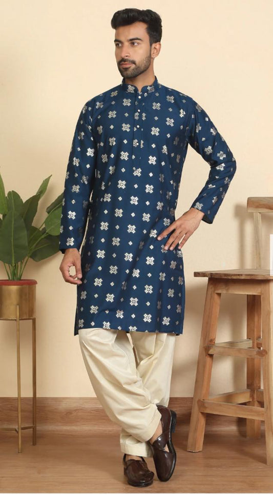 Men's Cotton Silk Printed Mandarin Collar Kurta and Pent front drape view - Neha Couture Berlin