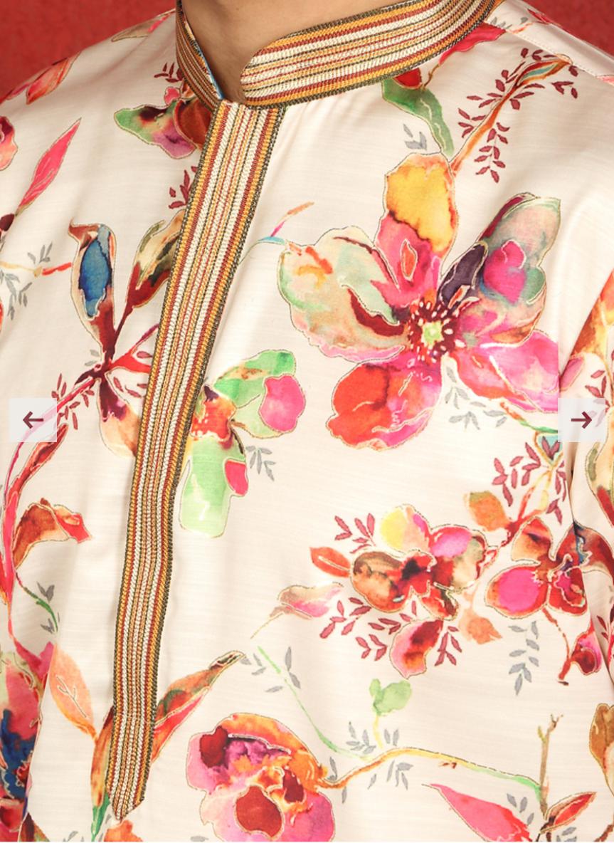 Cotton Silk Floral Printed Anchor Neck Work Cream Kurta Set With White Silk Trouser in Germany