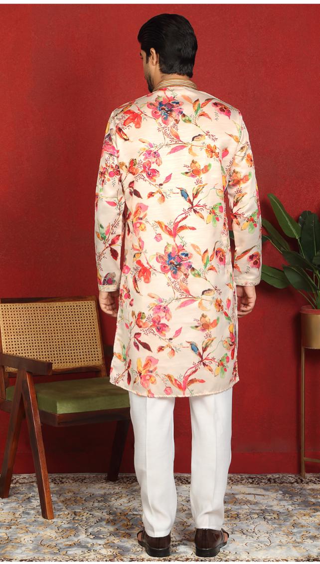 Cotton Silk Floral Printed Anchor Neck Work Cream Kurta Set With White Silk Trouser in Germany