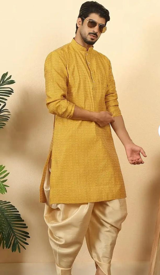 Men Mustard Ethnic Motifs Printed Silk Blend Kurta with Dhoti Pants front drape view - Neha Couture Berlin
