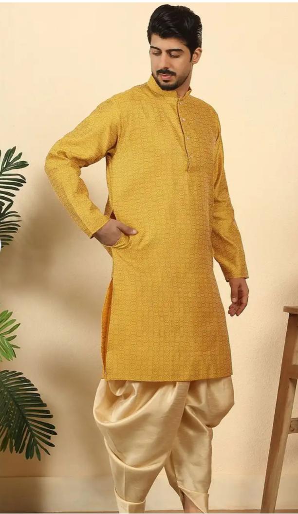 Men Mustard Ethnic Motifs Printed Silk Blend Kurta with Dhoti Pants in Germany