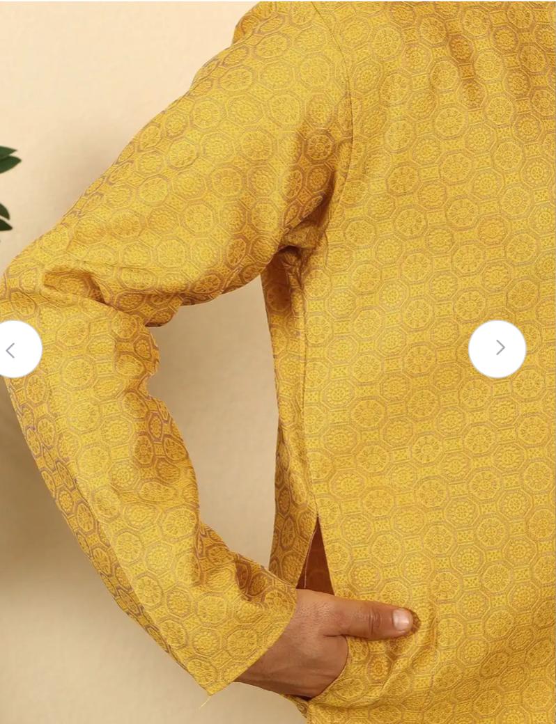 Men Mustard Ethnic Motifs Printed Silk Blend Kurta with Dhoti Pants in Germany