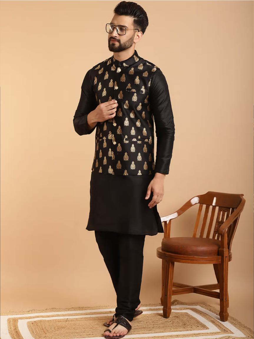 Mens Silk Blend Black Kurta Pyjama & Nehru Jacket in Berlin