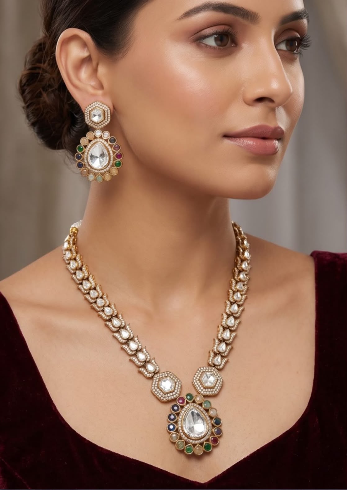 Traditional Indian Kundan Polki Necklace and Earring Set with Multi-Colored Gemstone Detailing in Germany