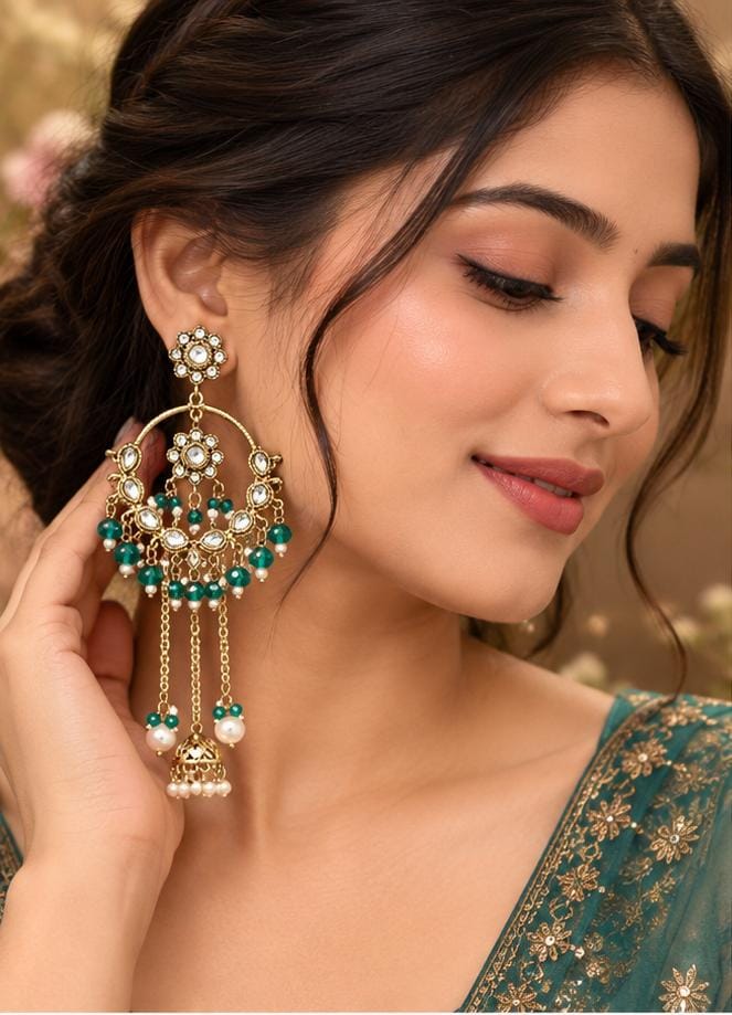 Traditional Green Kundan Chandbali earrings in Berlin