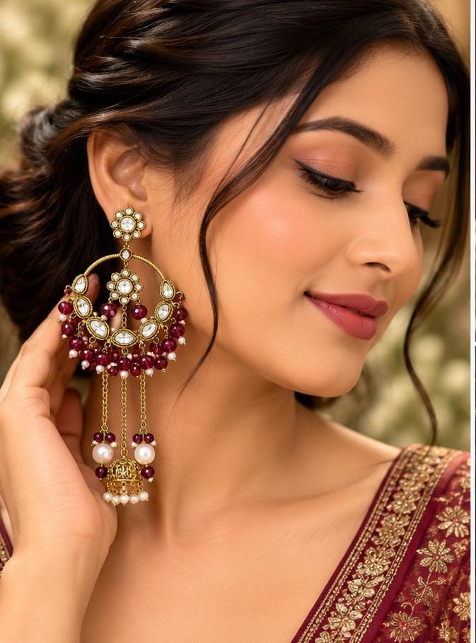 Traditional Maroon Kundan Chandbali earrings in Berlin