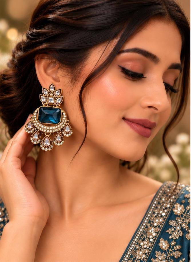 Emerald Royal Cushion-Cut Navy Blue Kundan Drop Earrings in Germany