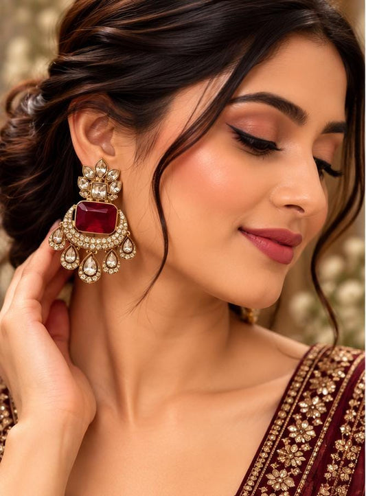 Emerald Royal Cushion-Cut Maroon Kundan Drop Earrings - Neha Couture Berlin