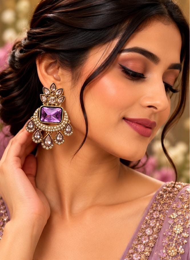 Emerald Royal Cushion-Cut Purple Kundan Drop Earrings in Germany