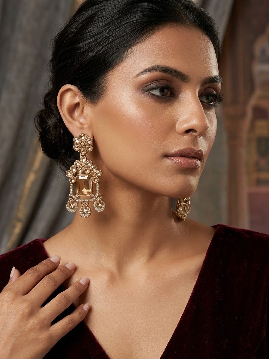 Traditional Indian Polki and Golden-Gemstone Drop Earrings in Germany