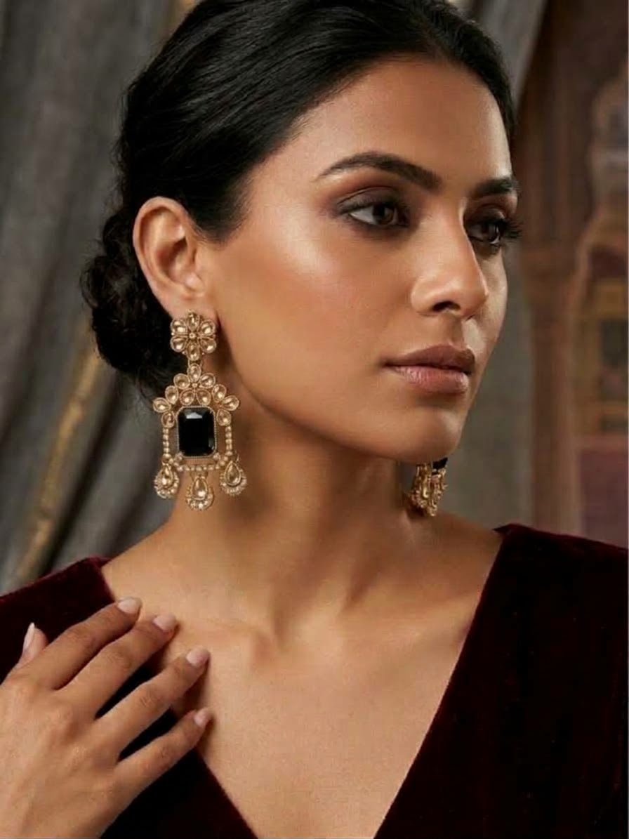 Traditional Indian Polki and Black-Gemstone Drop Earrings in Germany