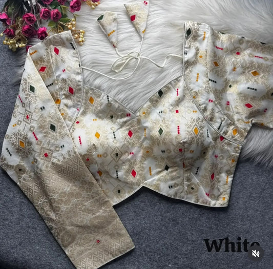 Banarasi White silk full sleeves blouse front drape view - Neha Couture Berlin