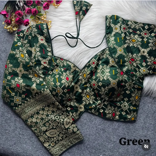 Banarasi Green silk full sleeves blouse front drape view - Neha Couture Berlin