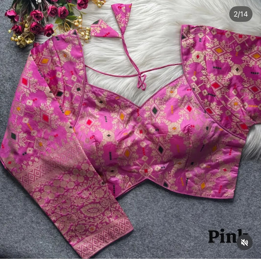 Banarasi Pink silk full sleeves blouse front drape view - Neha Couture Berlin
