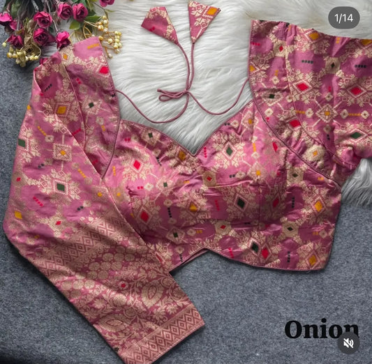 Banarasi Onion silk full sleeves blouse front drape view - Neha Couture Berlin