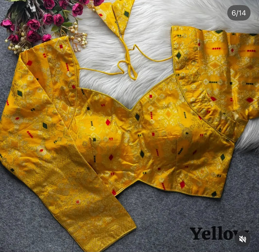 Banarasi Yellow silk full sleeves blouse front drape view - Neha Couture Berlin