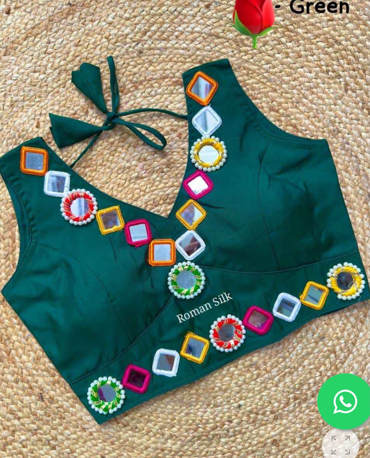 PURE ROMAN DARK GREEN SILK NAVRATRI SPECIAL REAL MIRROR BLOUSE IN GERMANY