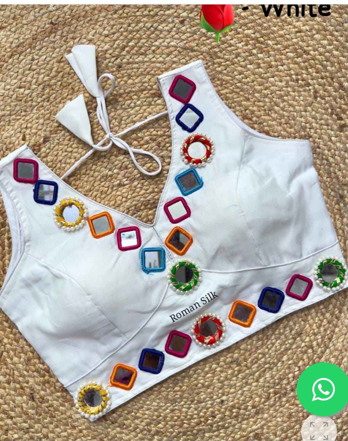 PURE ROMAN SILK WHITE NAVRATRI SPECIAL REAL MIRROR BLOUSE IN GERMANY