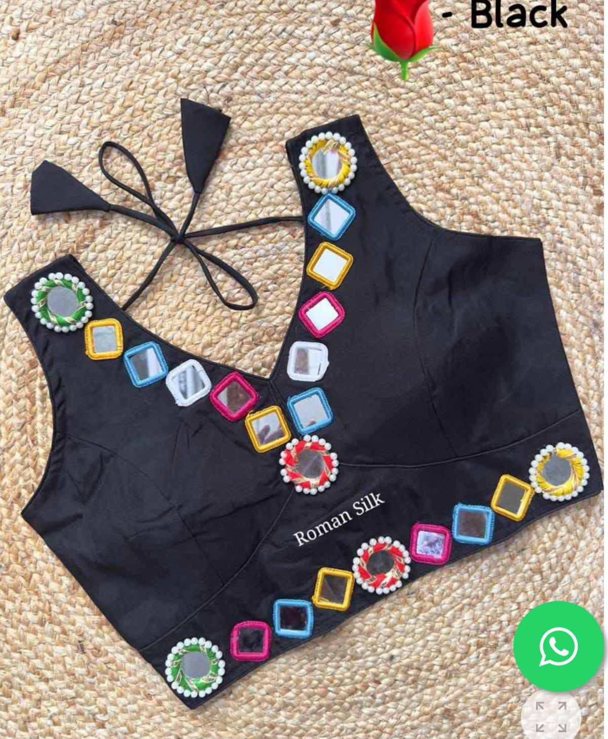 PURE ROMAN SILK BLACK NAVRATRI SPECIAL REAL MIRROR BLOUSE IN GERMANY