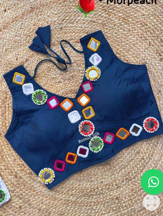 PURE ROMAN SILK PEACOCK BLUE NAVRATRI SPECIAL REAL MIRROR BLOUSE IN GERMANY