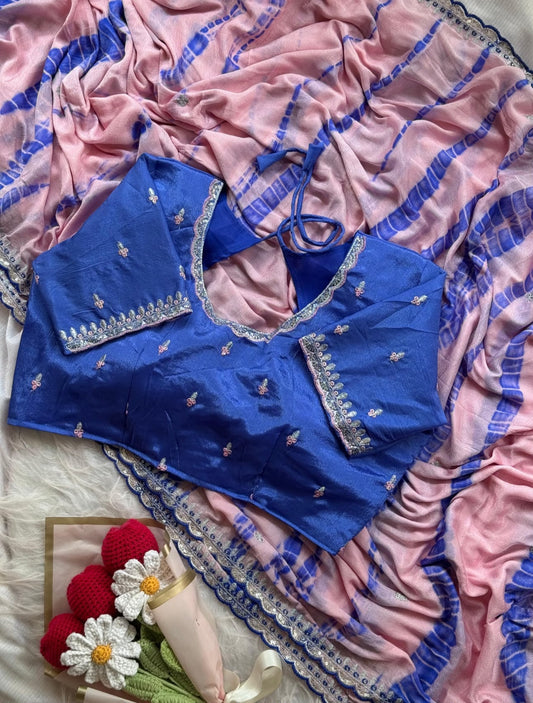 Soft chinnon shibori Tie & Die saree with stitched blouse embroidery and fabric detail - Neha Couture Indian Fashion