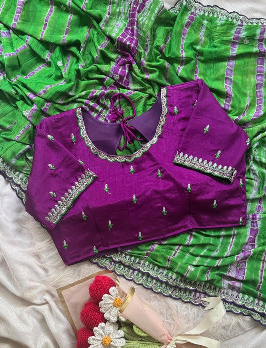 Soft chinnon shibori Tie & Die saree with stitched blouse embroidery and fabric detail - Neha Couture Indian Fashion