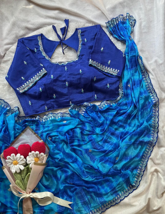 Soft chinnon shibori Tie & Die saree with stitched blouse embroidery and fabric detail - Neha Couture Indian Fashion