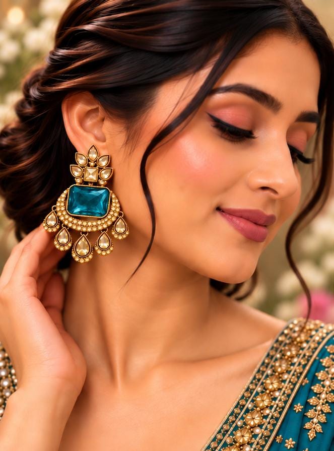 Teal Green Kundan Chandbali Earrings with Antique Gold Polki Finish in Germany
