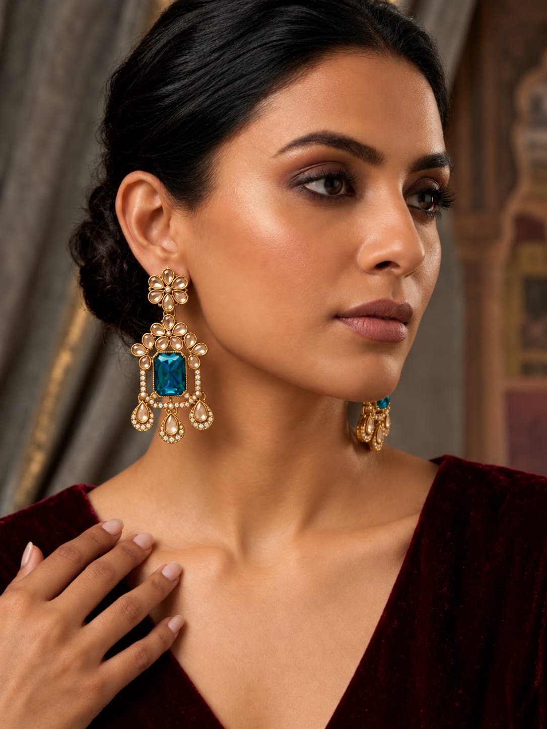 Traditional Gold-Plated Blue Stone Kundan Chandelier Drop Earrings with Pearl Accents in Berlin