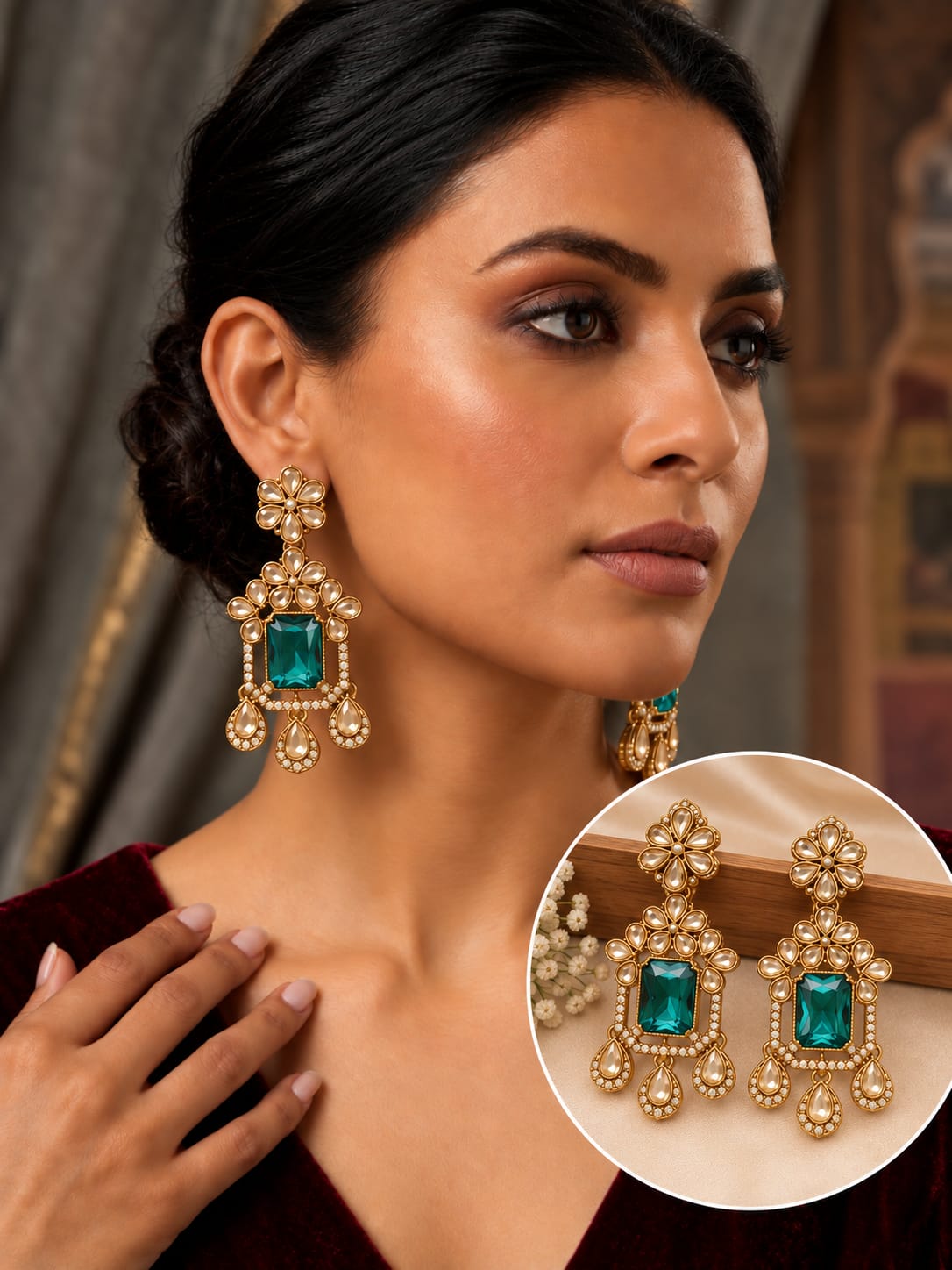Traditional Gold-Plated Emerald Green Stone Kundan Chandelier Drop Earrings with Pearl Accents in Berlin