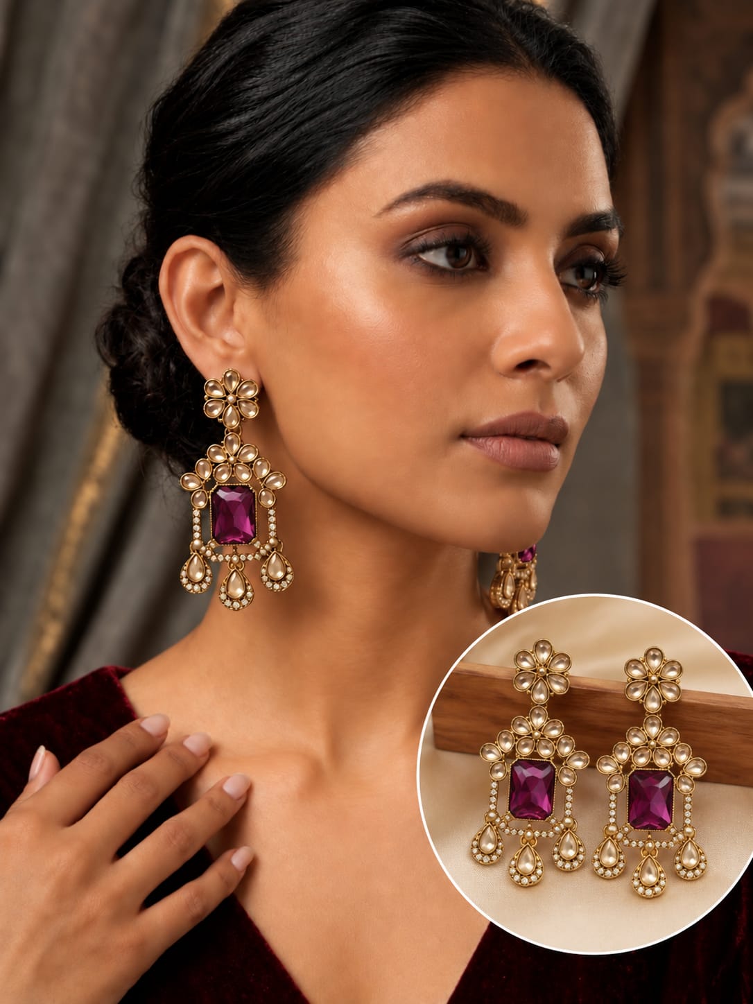 Traditional Gold-Plated Deep purple Stone Kundan Chandelier Drop Earrings with Pearl Accents in Berlin