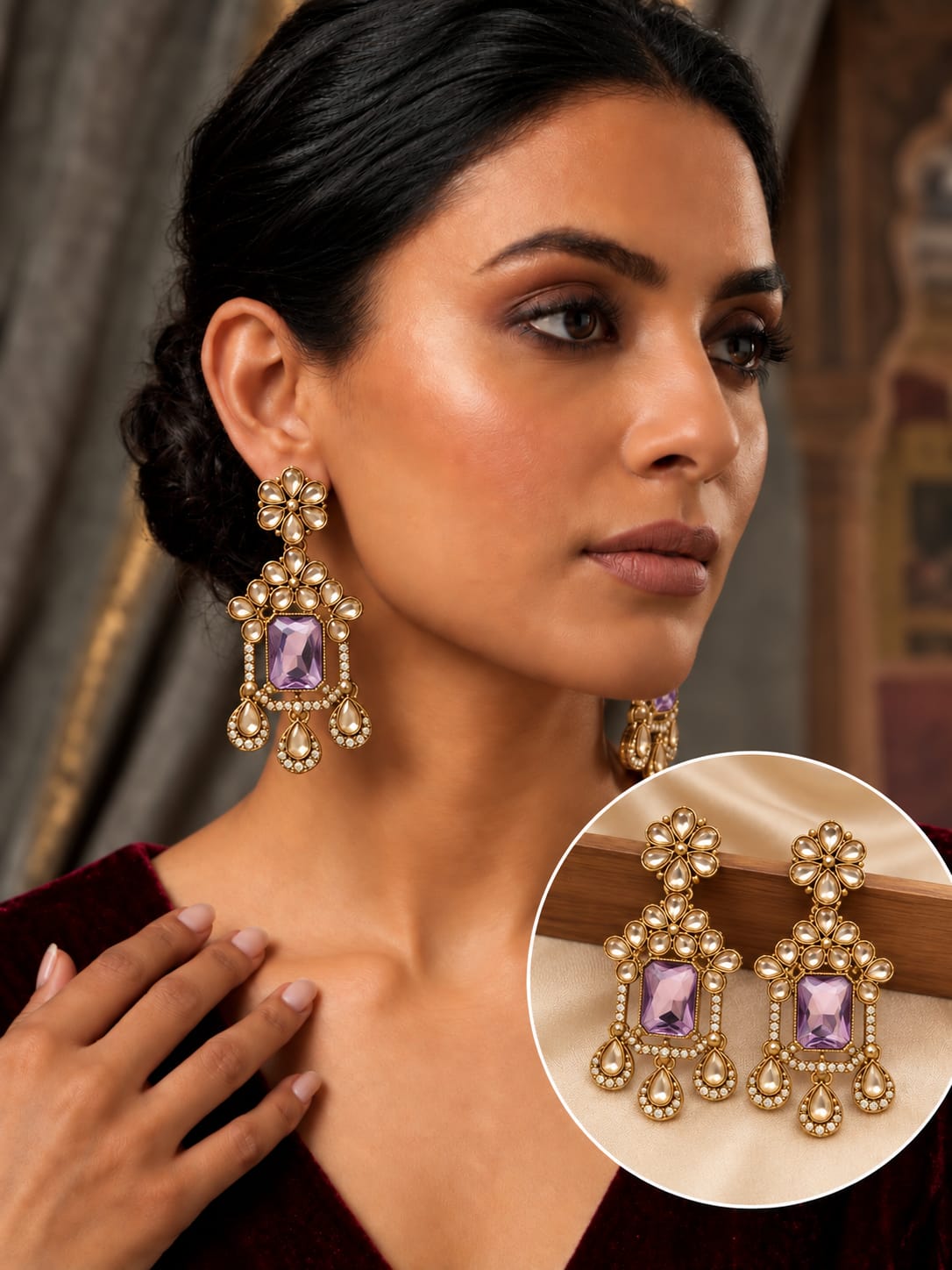 Traditional Gold-Plated Lavender Stone Kundan Chandelier Drop Earrings with Pearl Accents in Berlin