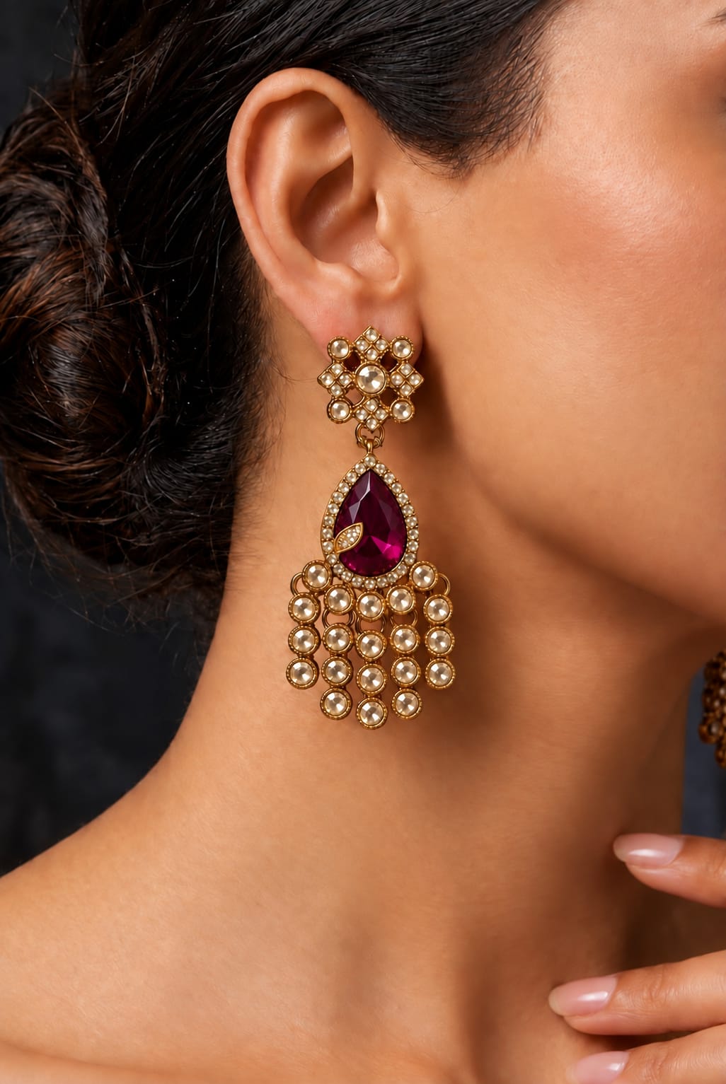 Gold-Plated Ruby Magenta Kundan Statement Earrings in Berlin