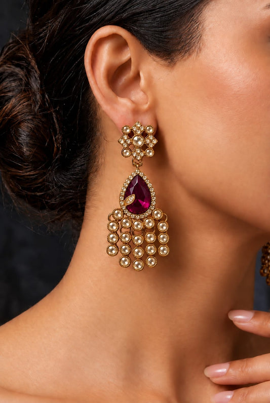 Gold-Plated Ruby Magenta Kundan Statement Earrings in Berlin