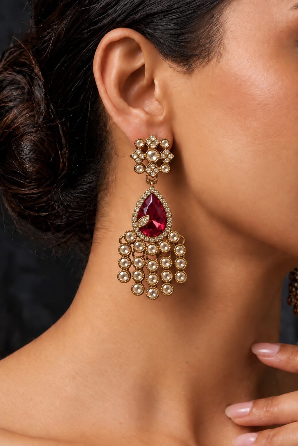 Gold-Plated Ruby Dark Pink Kundan Statement Earrings in Berlin