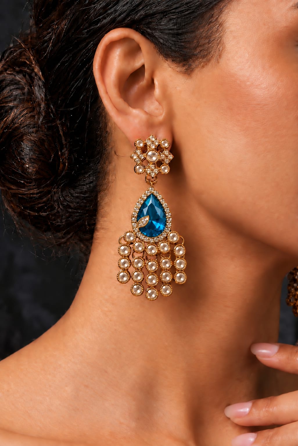 Gold-Plated Ruby Blue Kundan Statement Earrings in Berlin