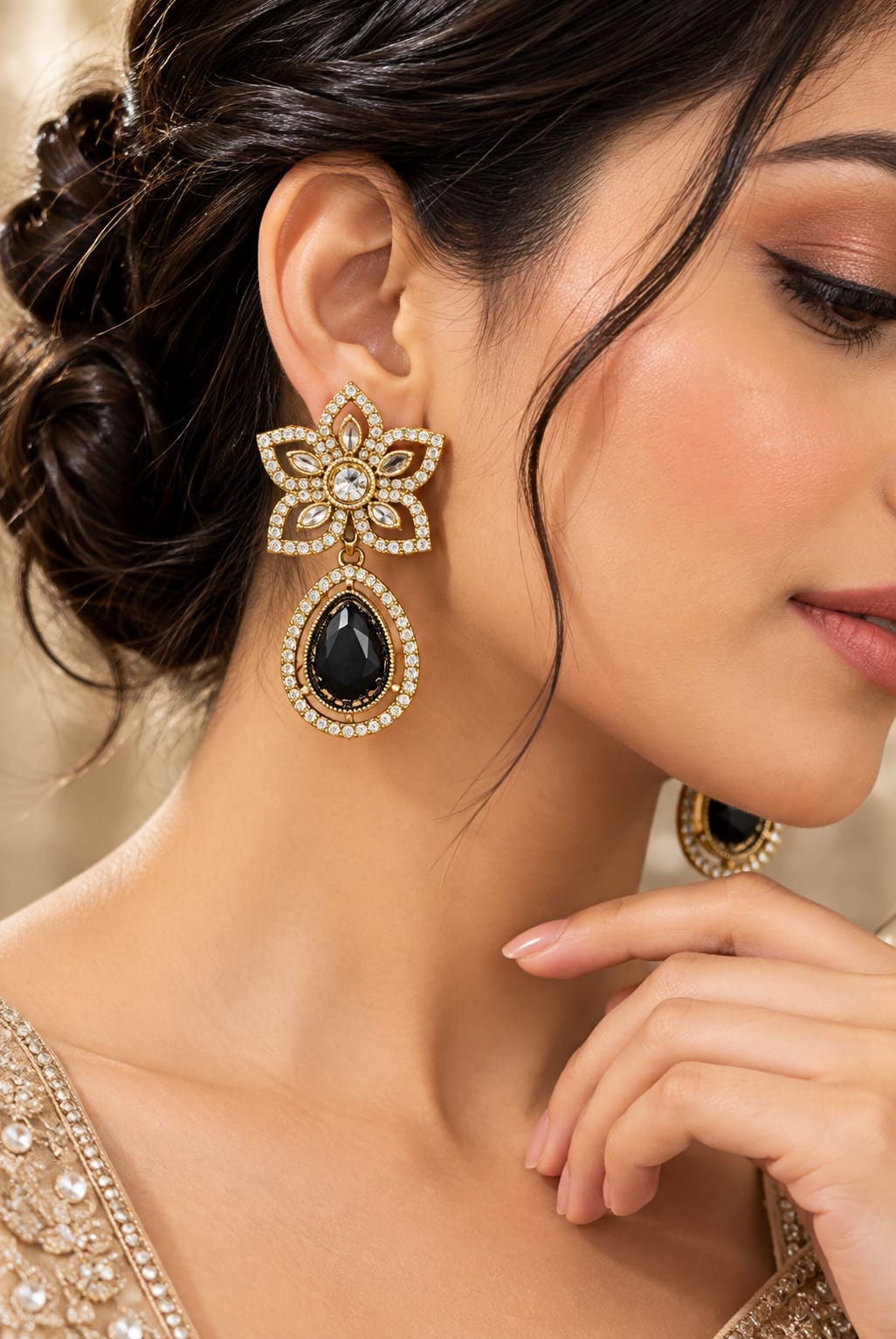 Gold-Plated Polki Black Teardrop Statement Earrings in Berlin