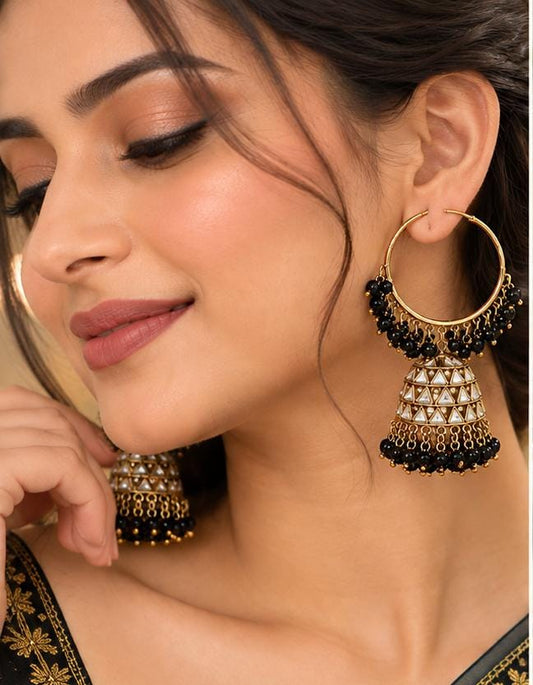 Traditional Hoop Jhumka Earrings with Black Beads