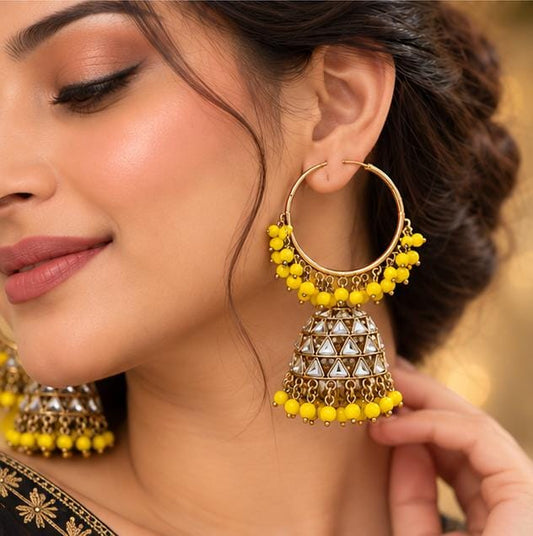 Traditional Hoop Jhumka Earrings with Lemon Beads