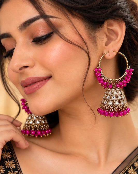 Traditional Hoop Jhumka Earrings with Pink Beads in Germany