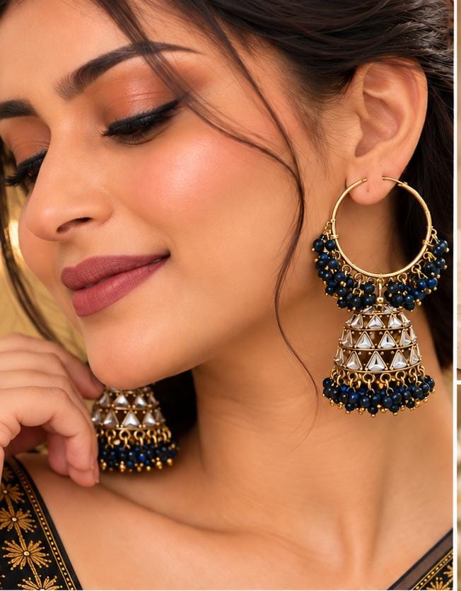 Traditional Hoop Jhumka Earrings with Navy Blue Beads in Germany