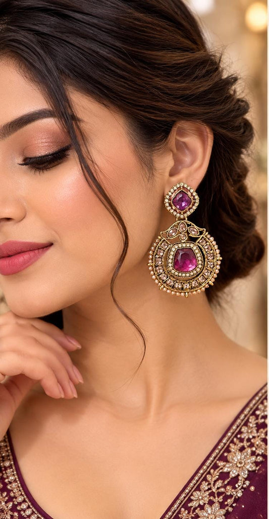 Antique gold-plated drop earring Magenta-pink in Germany