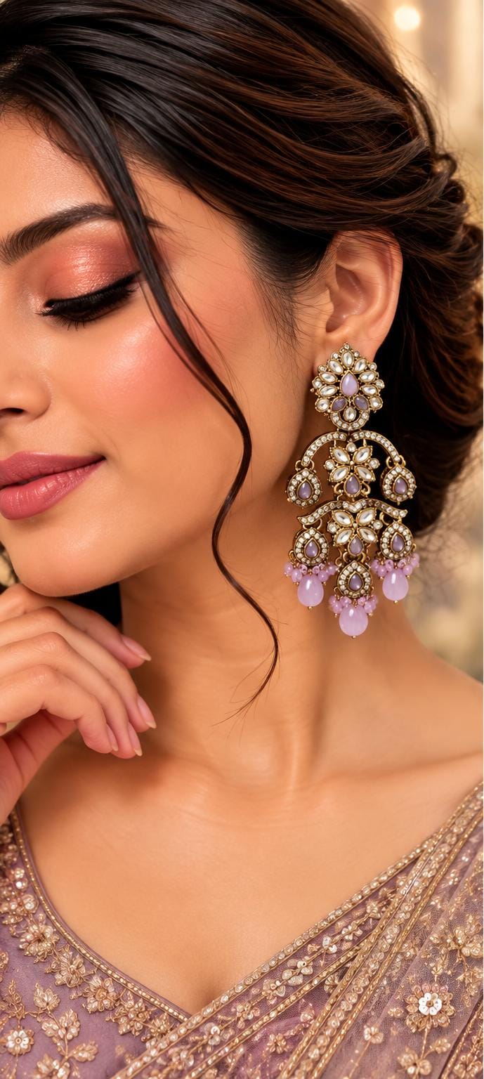 Elegant Chandelier-Style Indian Ethnic Kundan Earrings with Lavender Bead Drops in Germany