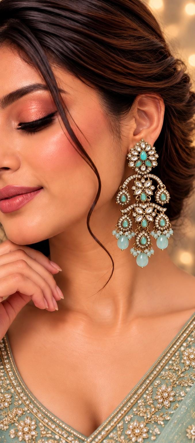 Elegant Chandelier-Style Indian Ethnic Kundan Earrings with Mint Green Bead Drops in Germany
