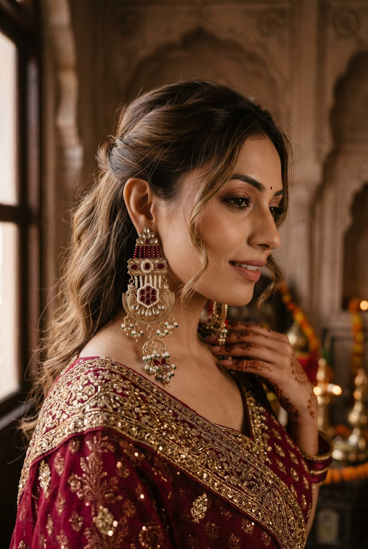 Bridal Look with Heavy Kundan Maroon Chandbali Earrings